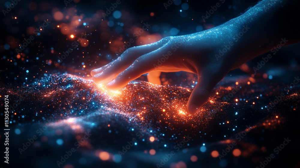 Poster ai generates unique digital interaction hand touching glowing galaxy virtual space futuristic concep