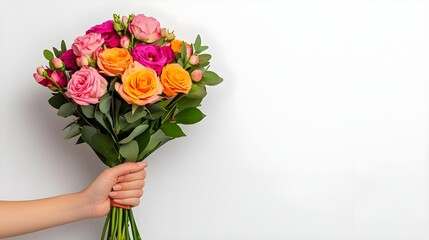 Fototapeta premium Beautiful Bouquet of Colorful Roses Held by a Hand against a Clean White Background Perfect for Celebrations, Gifts, or Special Occasions
