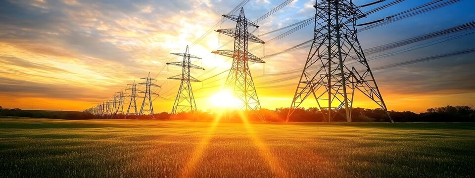 A photo of an electric power grid in the background with green grass and trees, a sunrise in the sky, golden hour lighting
