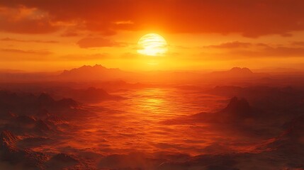 Obraz premium Fiery Sunset Over a Rugged Alien Landscape