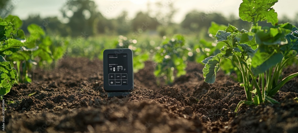 Poster smart irrigation sensor monitoring soil moisture in crop field at sunset for agri-tech innovation