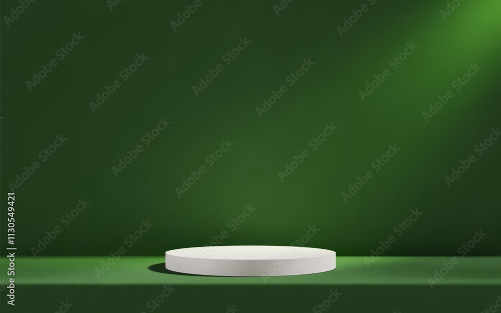 Poster 3d white podium in green empty room with table. background studio scene with platform for product pr
