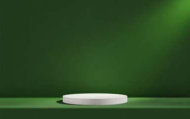 3d white podium in green empty room with table. Background studio scene with platform for product presentation