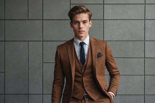 stylish young businessman with suit tanding againest wall