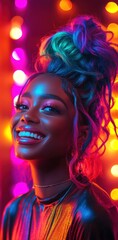 Obraz premium Vibrant Portrait of Smiling Woman with Colorful Hair in Neon Lights