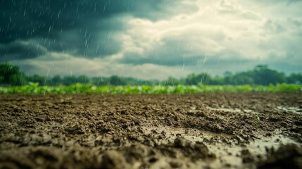 Rain falls on dark soil, green plants blur.