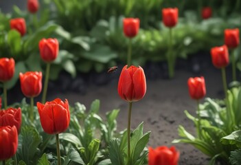 Fototapeta premium Bright red tulip with a tiny fly hovering above its leafy greens, nature, leaf, garden