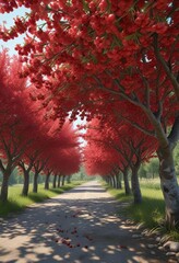 Cherry trees laden with clusters of red cherries and their tails , seasonal, cherries