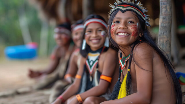 Indigenous children in traditional attire smiling joyously.