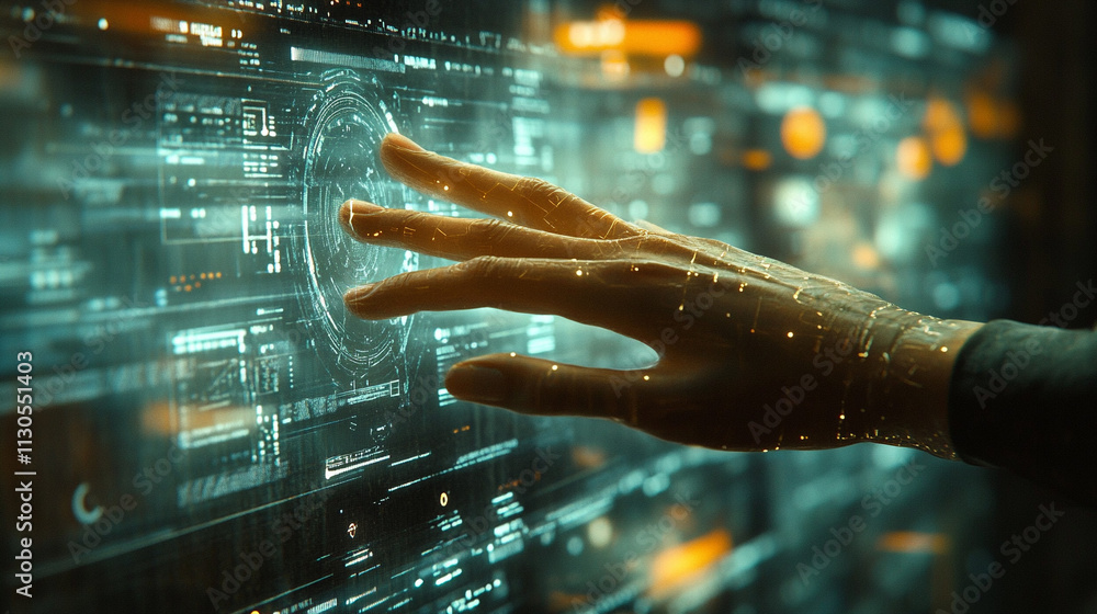 Poster ai generate hand reaching out to interact with futuristic data stream virtual environment technology