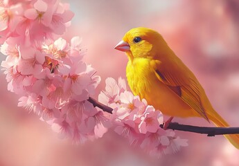 Yellow Bird on Cherry Blossom Branch. AI generated illustration