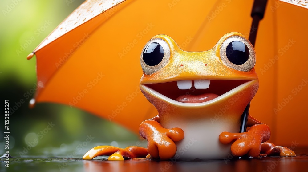 Poster frog is smiling and holding an umbrella. the image has a playful and lighthearted mood. the frog's s