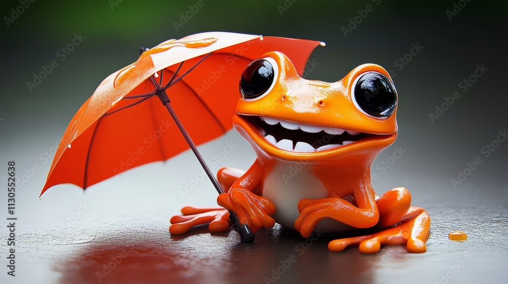 Poster frog is sitting under an umbrella, smiling and looking up at the camera. the image has a playful and