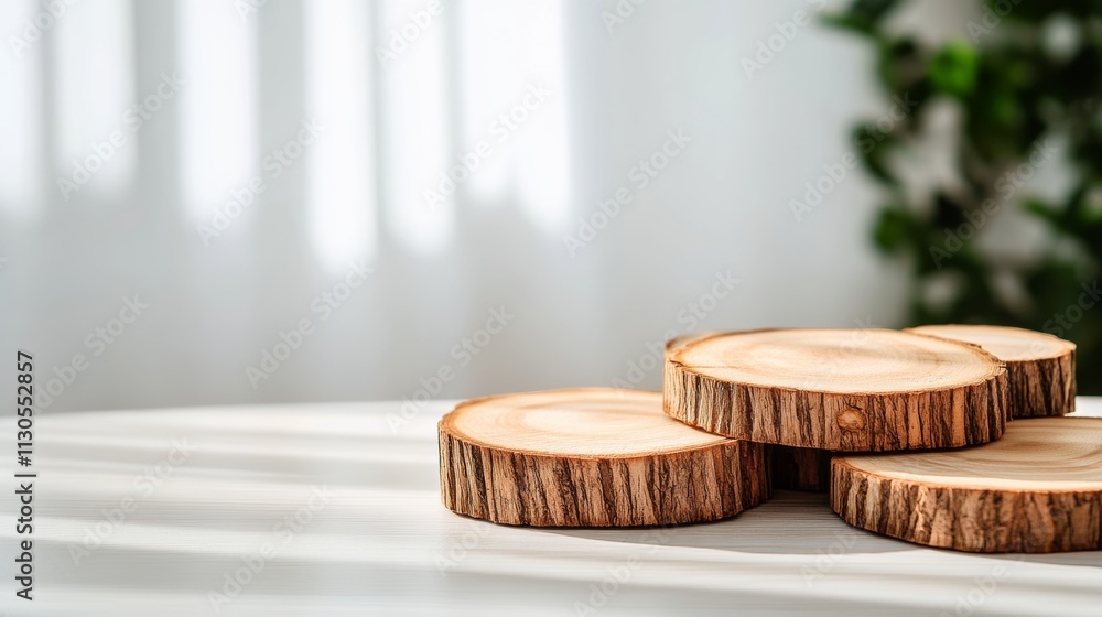 Poster three wooden logs are stacked on top of each other on a table. the logs are of different sizes and a