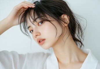 Naklejka premium Beautiful Woman with Soft Makeup and Messy Hairstyle in Natural Light