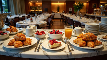 Fototapeta premium Desayuno buffet en hotel con croissants, frutas y jugo de naranja