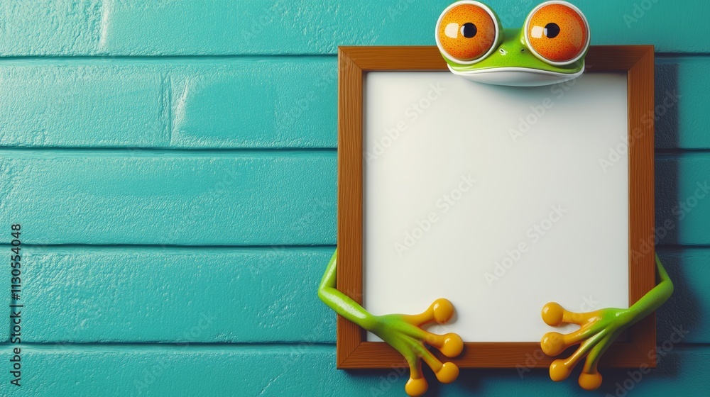 Aufkleber frog is holding a white frame with a blank space inside. the frog is looking at the camera with a cu