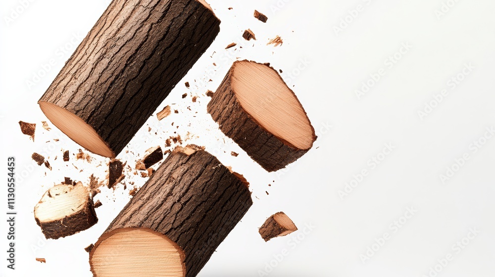 Poster log is cut into pieces and is floating in the air. concept of chaos and destruction, as the log is n