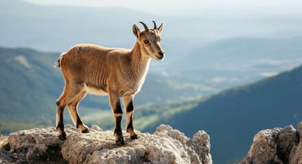Fototapeta premium Majestic mountain goat standing on rocky cliff amid stunning mountain vista