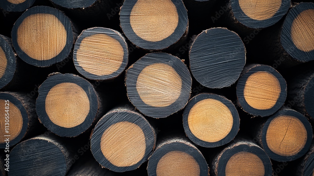 Poster stack of wooden logs with black and brown circles. the logs are piled up in a way that they form a p