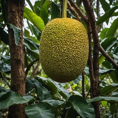 "A close-up of a ripe jackfruit hanging from a tree with lush greenery in the background."


