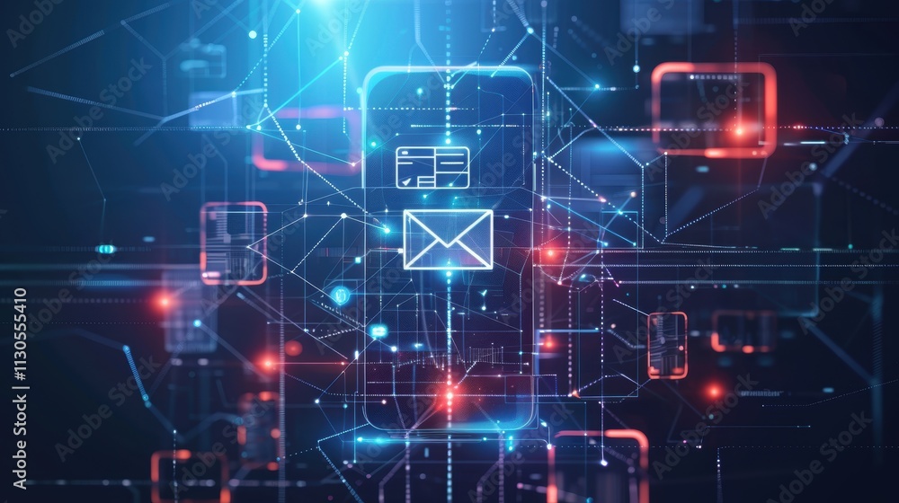 Poster smartphone with email notification amidst abstract digital tech elements for modern communication de
