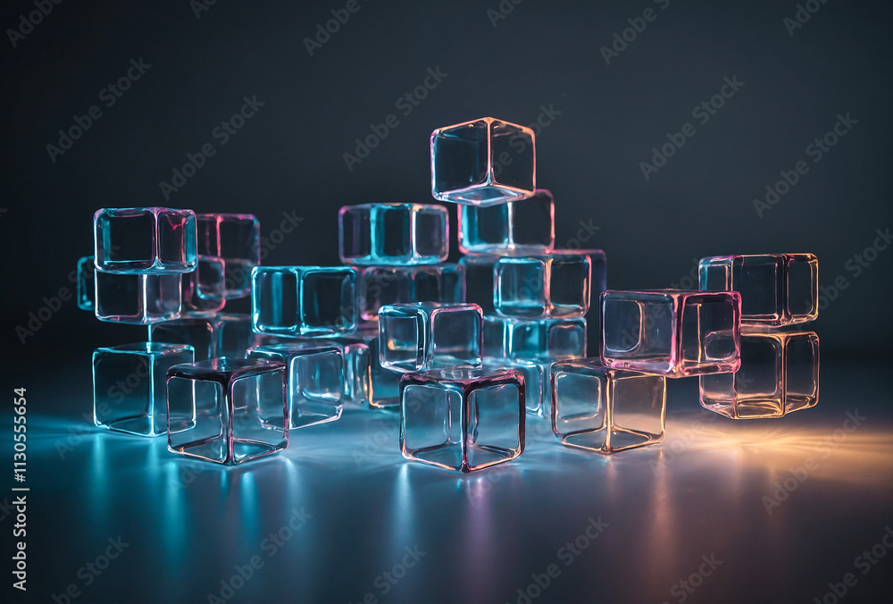 Poster minimalist composition of floating cubes with glowing edges