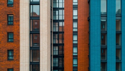 Obraz premium Minimalist Facade of an Apartment Building with Windows and Balconies in Brown and Blue