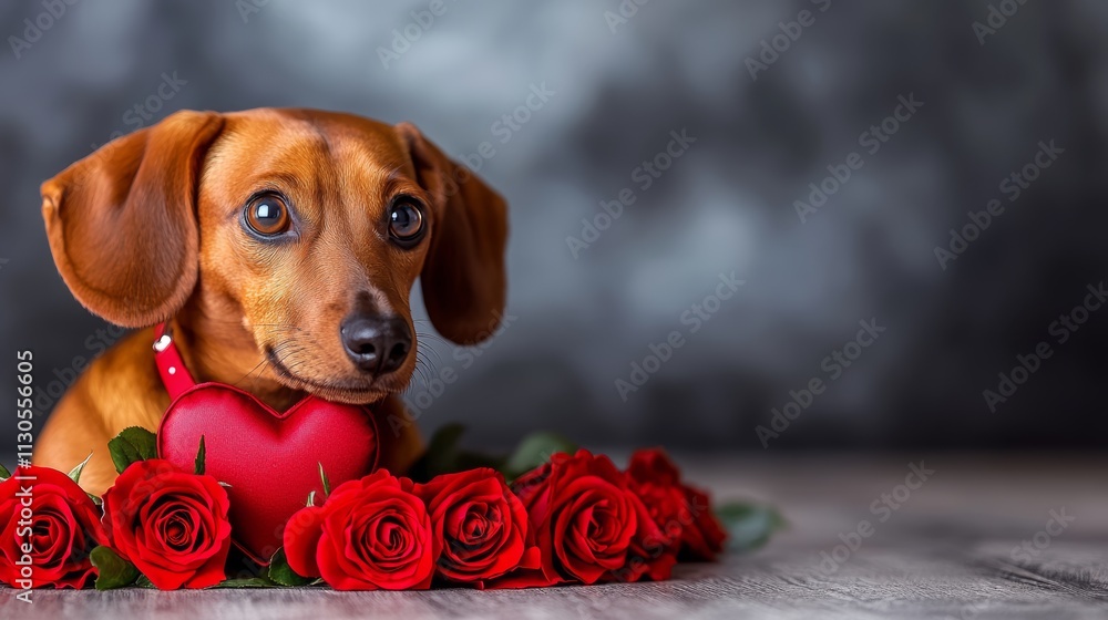 Aufkleber small brown dog is laying on a table with a red heart and roses. the dog is looking at the camera wi