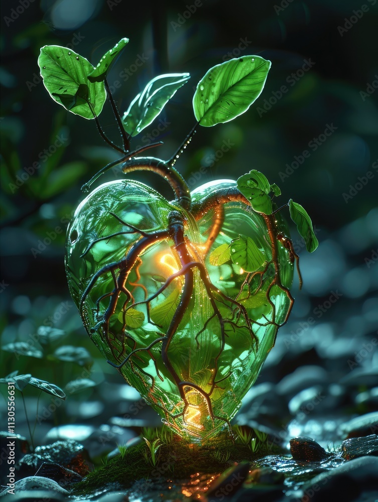 Poster a flashing neon green object in the middle pulsing like a heartbeat with plants growing out of the h
