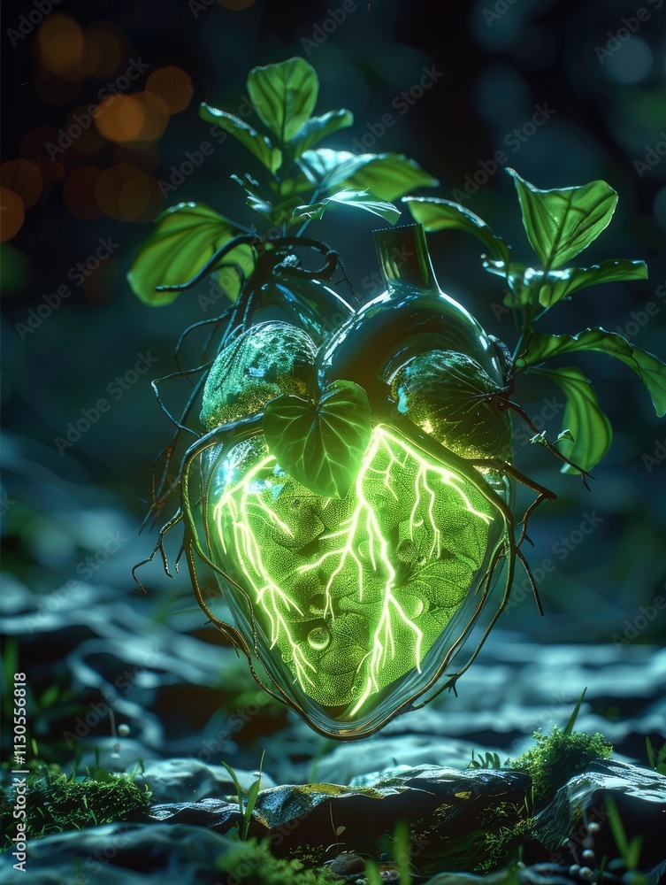 Poster a flashing neon green object in the middle pulsing like a heartbeat with plants growing out of the h