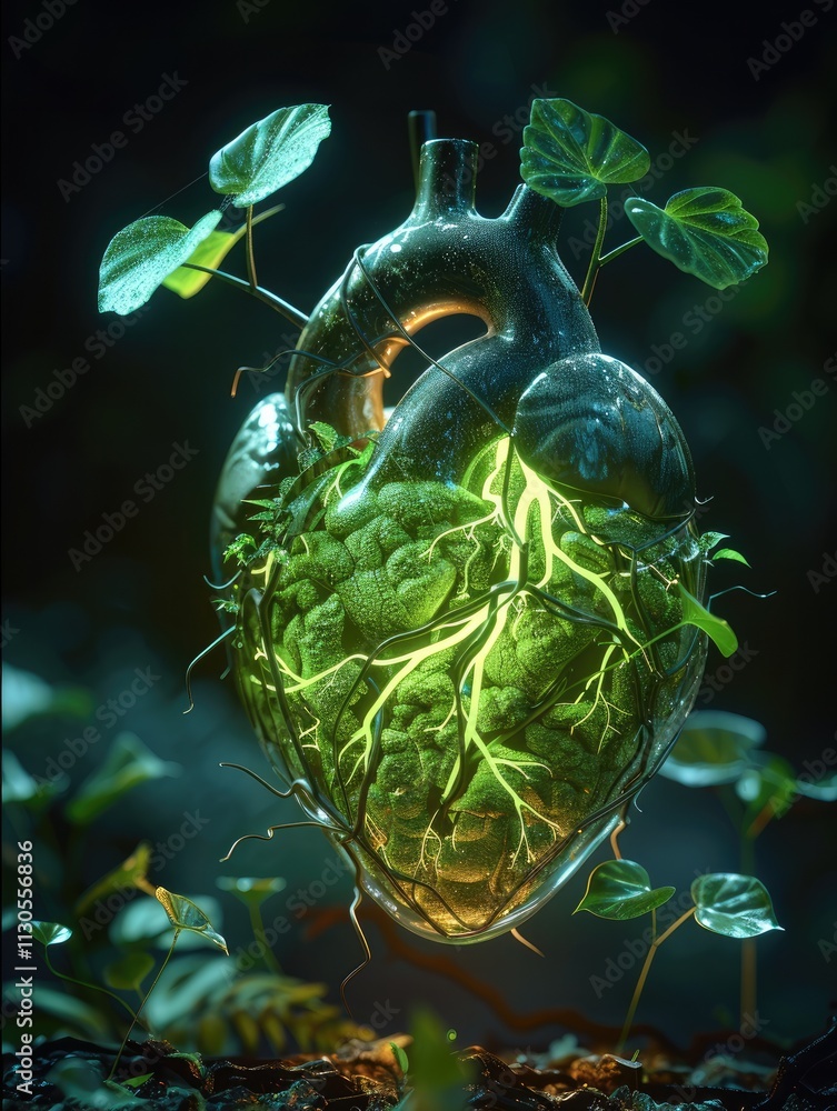 Poster A flashing neon green object in the middle pulsing like a heartbeat with plants growing out of the heart.