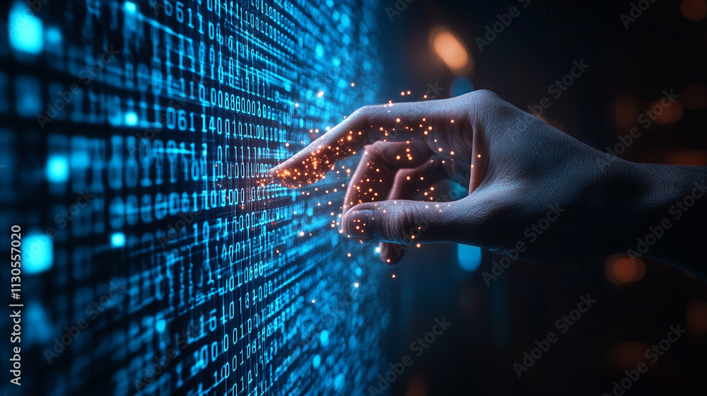 Poster ai generates human hand interacting with binary code wall technology digital art futuristic environm