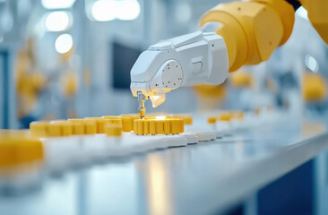 A high-tech production line with robotic arms and AI setup in an industrial factory