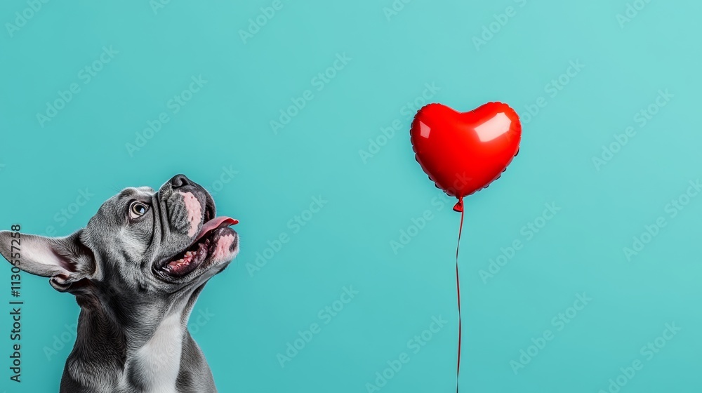 Aufkleber dog is looking at a red heart balloon. the balloon is tied to a string and is floating in the air. t