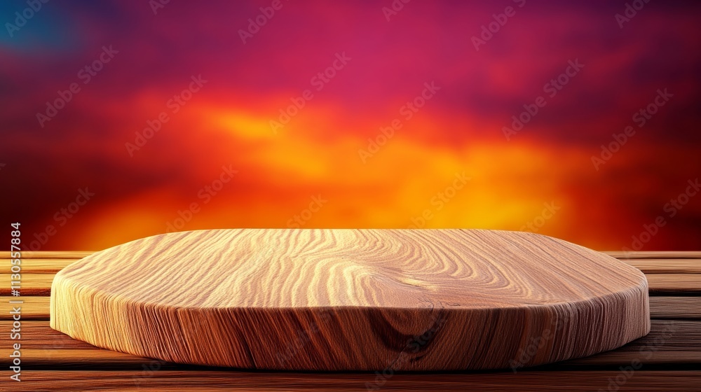 Poster wooden table with a wooden board on it. the board is empty and the table is surrounded by a warm ora