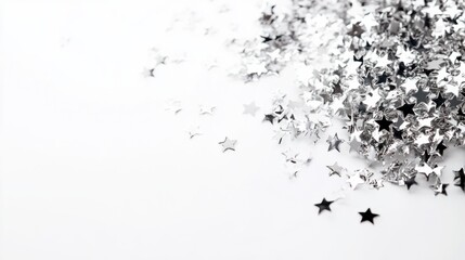 Obraz premium A cascade of silver stars tumbling down, frozen in motion, on a clean white background