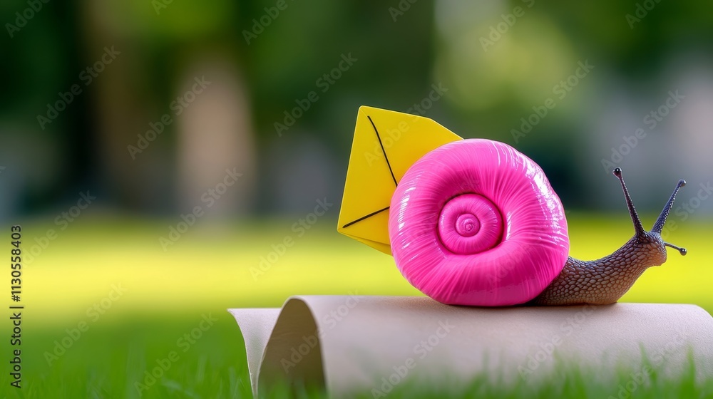 Poster pink snail is sitting on a piece of paper with a yellow envelope on top of it. the snail is surround