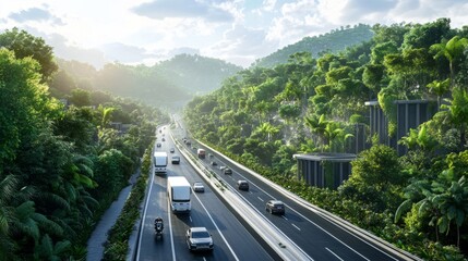A highway with electric cars and trucks powered by renewable energy
