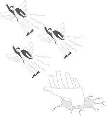 Obraz premium Business or professional growth, independence, strong confidence, risk-taking, feathered businessmen flying out of the hands of giants