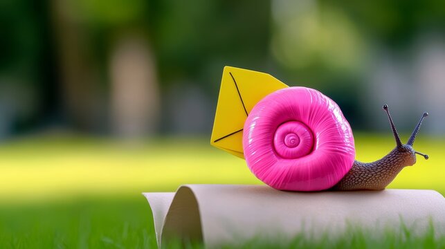 Pink snail is sitting on a piece of paper with a yellow envelope on top of it. The snail is surrounded by grass and he is in a peaceful, calm setting
