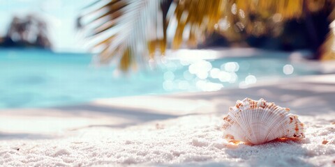 A beautiful seashell resting on soft sand by the sparkling blue ocean.