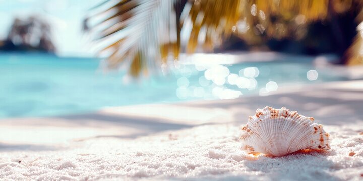 A beautiful seashell resting on soft sand by the sparkling blue ocean.
