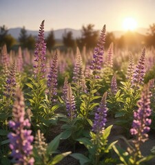 Obraz premium A field of Clary Sage plants growing in the sun with a warm glow effect , farming, field crops