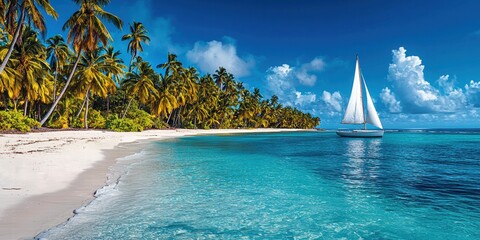 Obraz premium Sailboat gliding through turquoise waters against a backdrop of palm trees and blue skies.