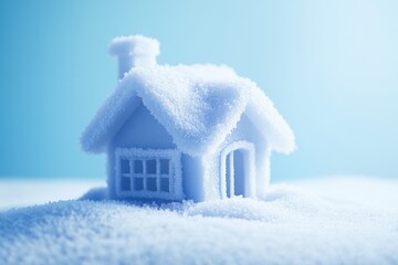 A frosted house covered in snow, set against a soft blue gradient background
