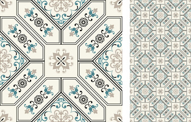 Ceramic tiles. Seamless colorful patchwork. Traditional ornate Portuguese and Spanish decorative tiles azulejos. Abstract background. Azulejos tiles patchwork. Hand drawn background. Vector
