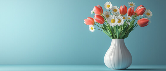 Spring Tulips and Daisies in White Vase.