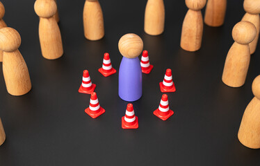 The man isolated himself from others with a barrier. Personal space, comfort zone. Psychological...