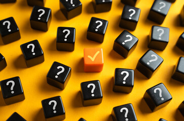 An orange check mark among many question marks. Correct answer. Task completion. Open achievement....